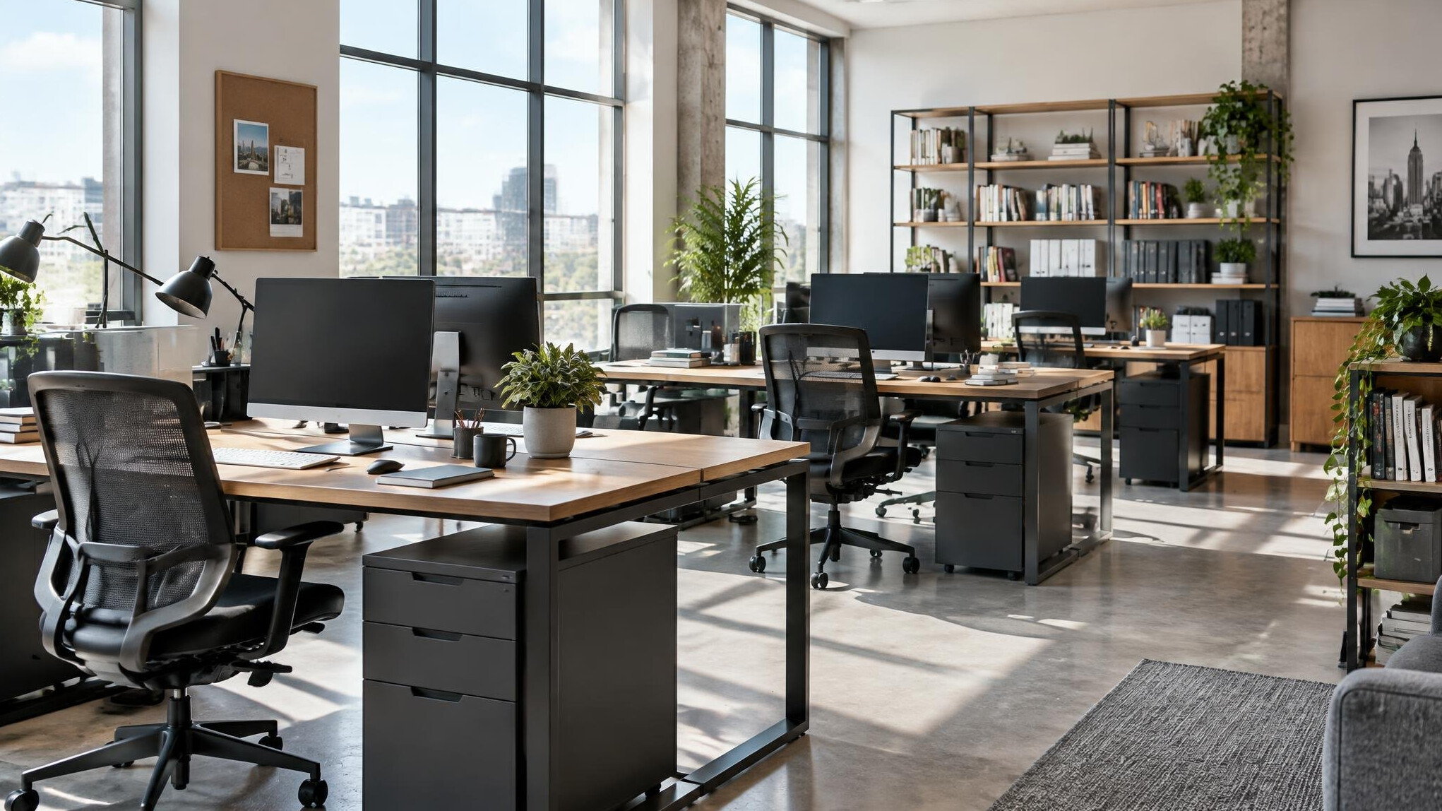 Contemporary office with desks, chairs and daylight