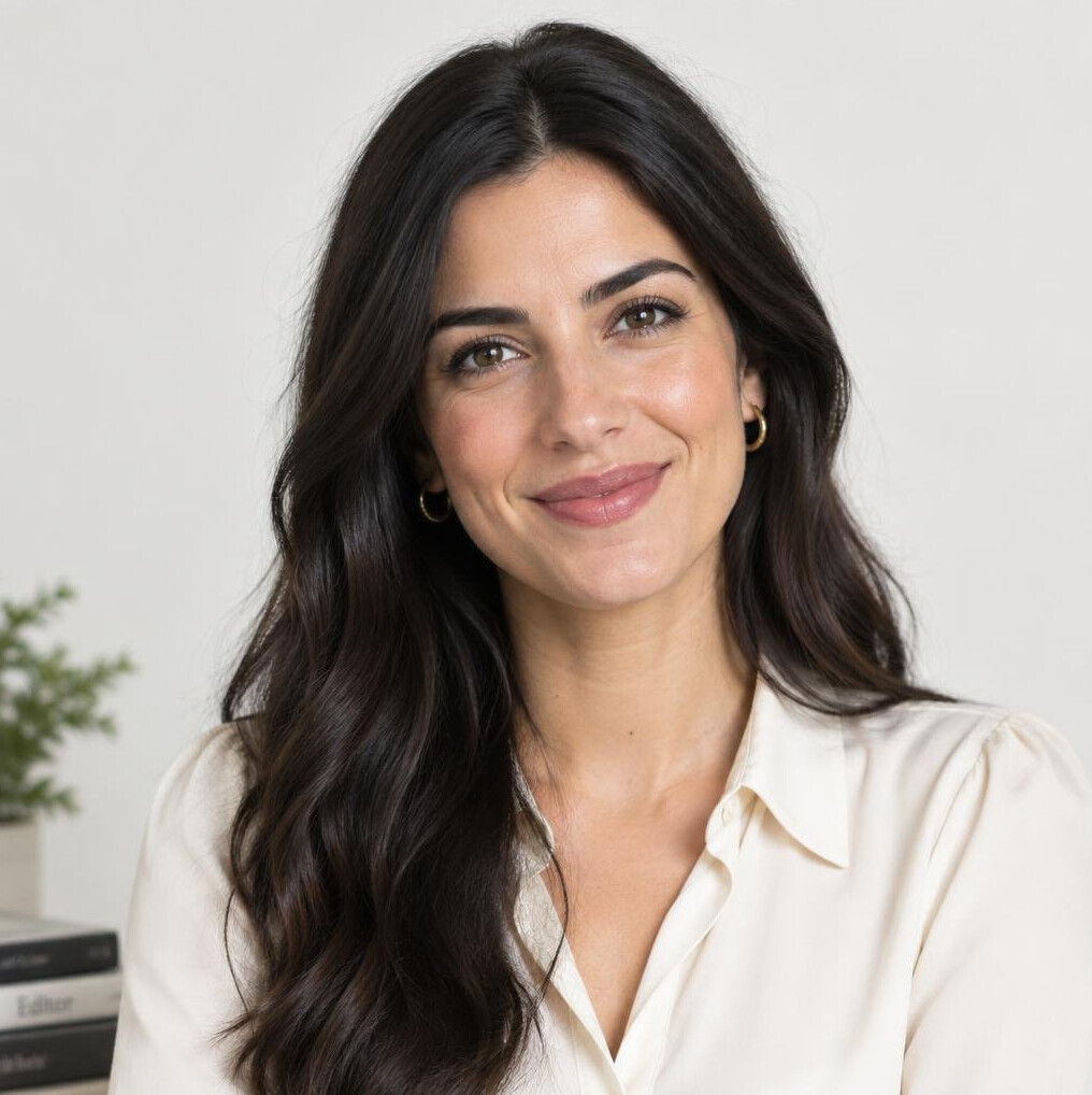 Portrait of a young woman with long dark hair smiling