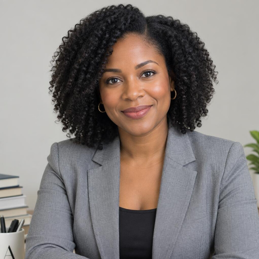 Portrait of a professional woman with curly dark hair