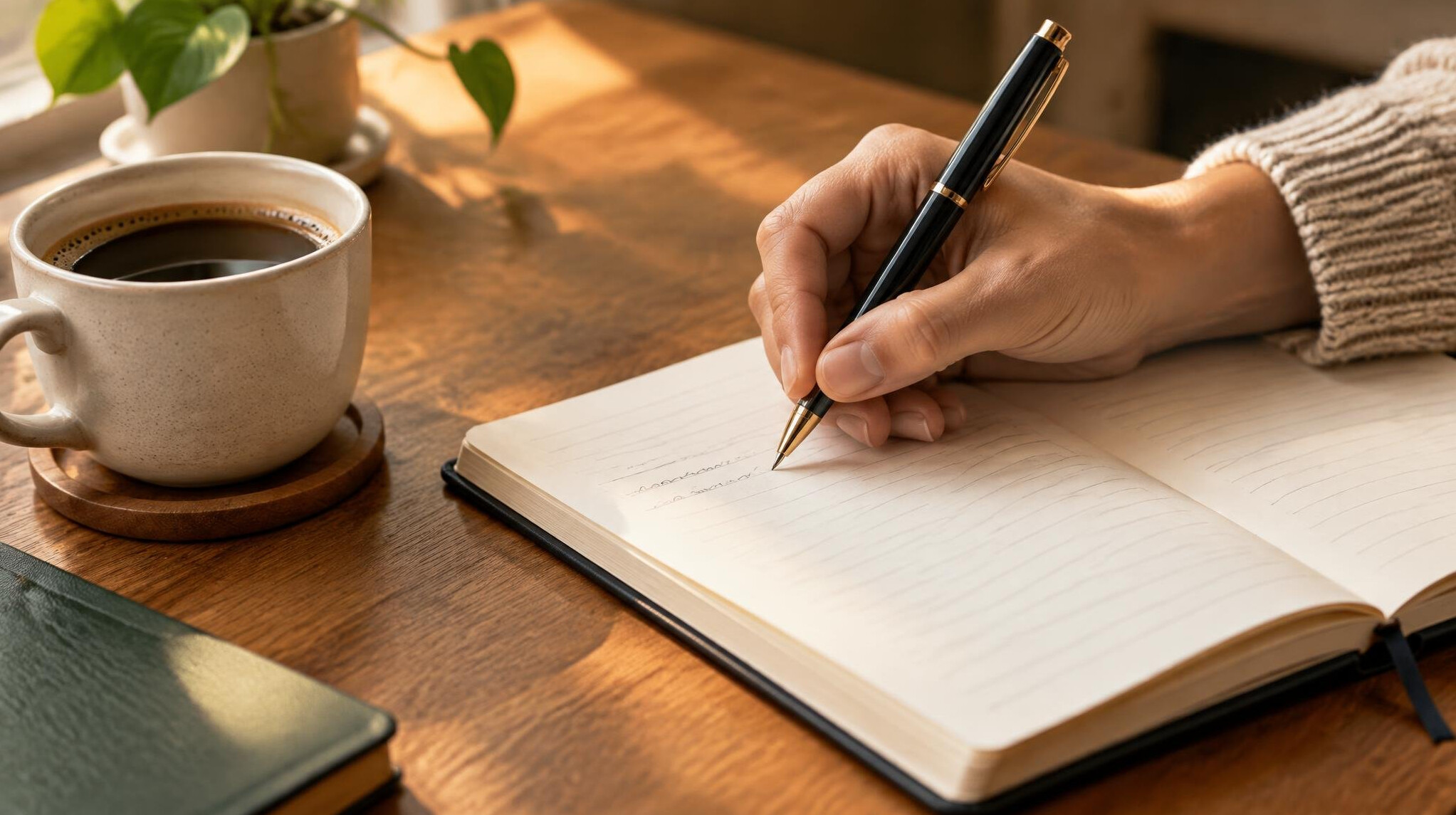 Person writing in a notebook with a pen on a desk