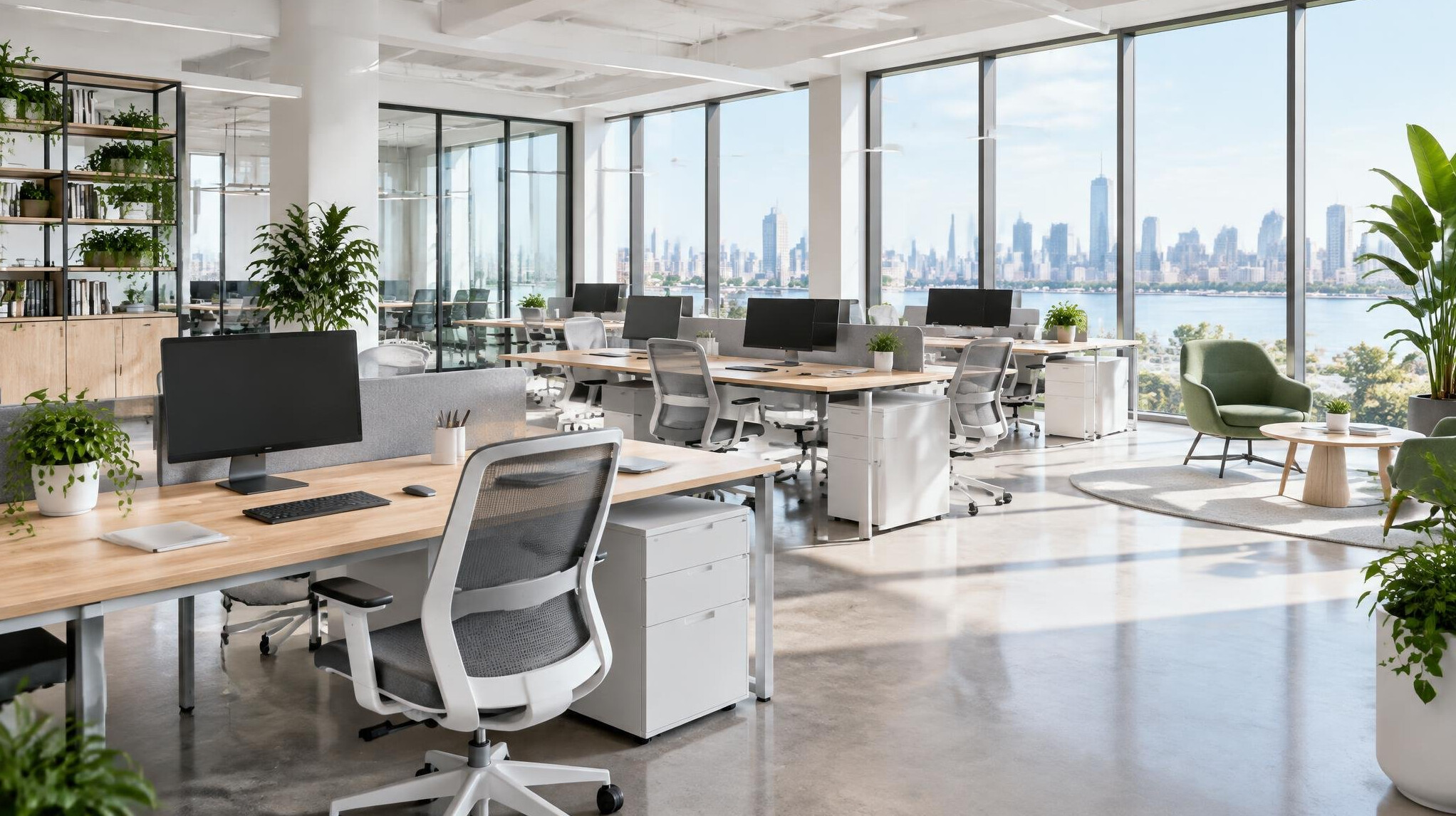 Bright modern open office with desks and large windows