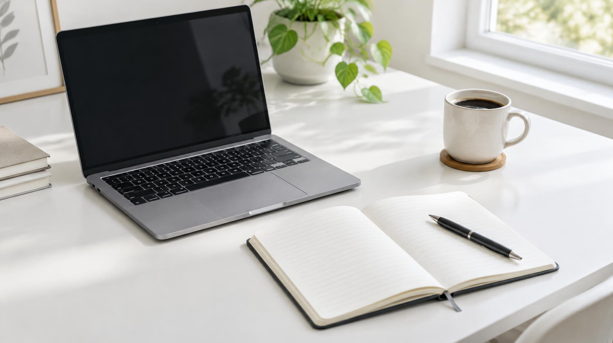 Laptop and notebook on a white desk with a coffee cup