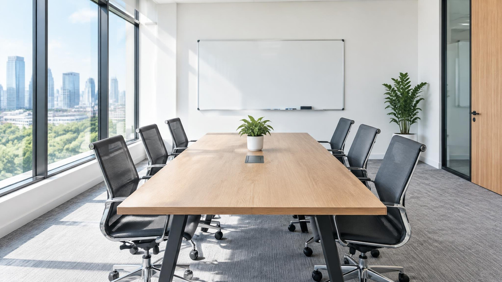Empty meeting room with a long table and chairs